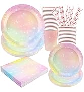 Pastel Birthday Party Supplies Decorations, Rainbow Theme Birthday Paper Plates and Napkins Set w...