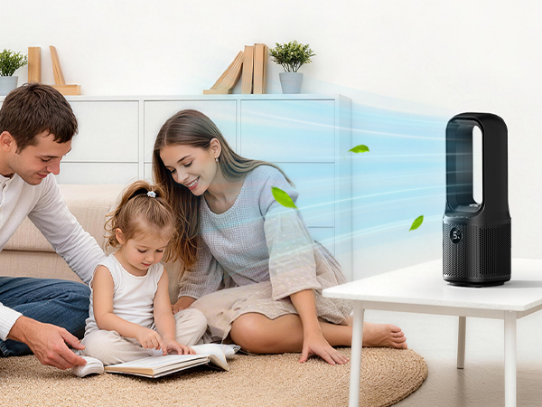 Cozy family together – bladeless fan on desk blows a gentle breeze for everyone's comfort.