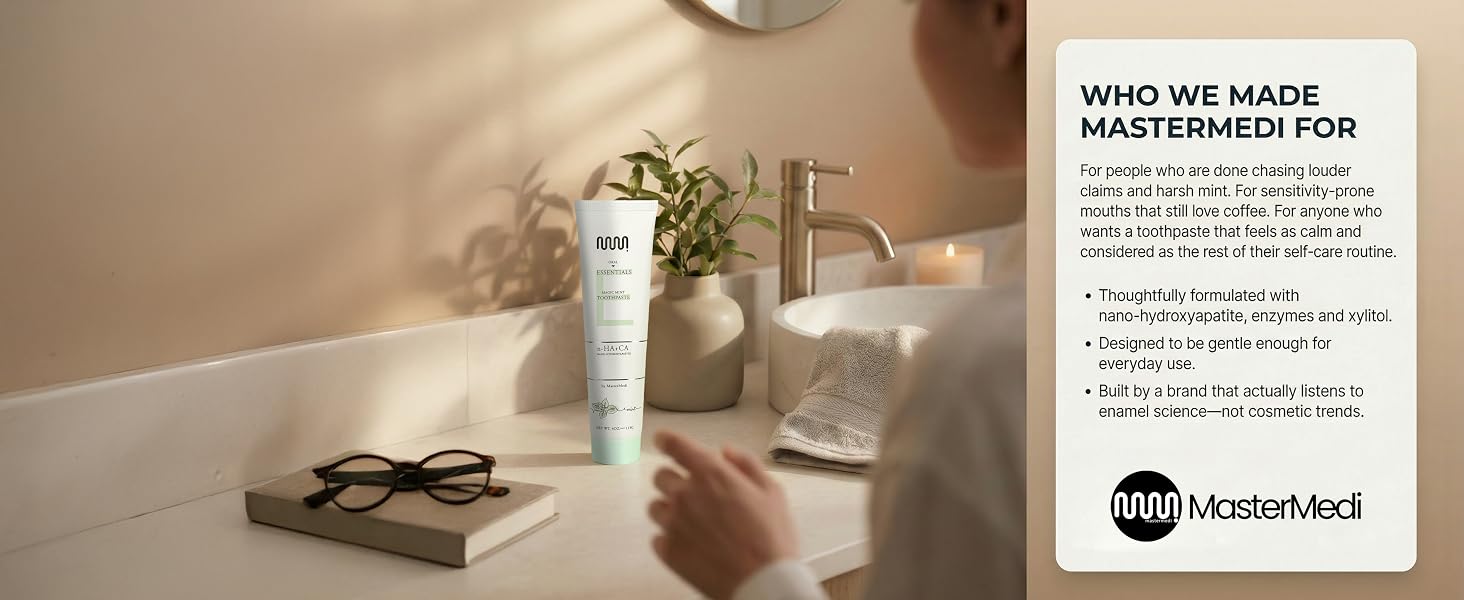 Lifestyle bathroom with MasterMedi toothpaste and card explaining who it’s made for