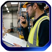 Worker in a warehouse using a radio, highlighting reliable updates with Retevis programming cable