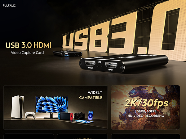 Fulfalic HDMI Capture Card, USB 3.0 1080P 60FPS Video Capture Card with HDMI Loop-Out