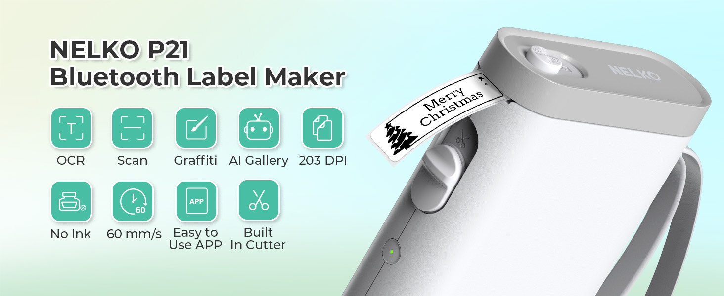 Nelko P21 Bluetooth Label Maker. Features include OCR, scanning, AI gallery, and 203 DPI printing.
