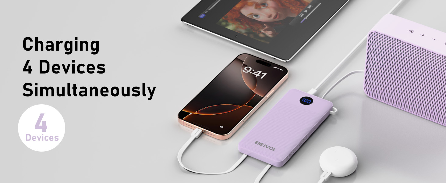 Charging 4 Devices Simultaneously portable charger with Built in Cables