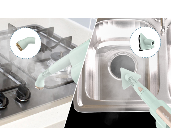 Mint green cleaning brush tool with angled head shown cleaning both stovetop and sink surfaces, with detail circles highlighting brush angles.