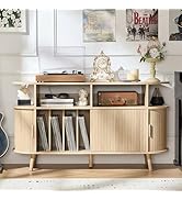 LELELINKY Large Round Record Player Stand with Charging Station &amp; Fluted Panel, Natural Mid Centu...