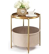 danpinera Round Side Table with Fabric Storage Basket, Metal Small Bedside Nightstand with Remova...