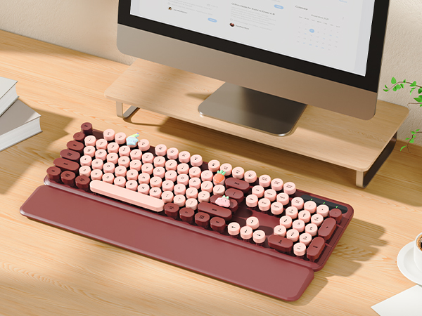 Wine Red Wireless Keyboard, Round Keycaps, Retro Typewriter Keyboard with Detachable Wrist Rest