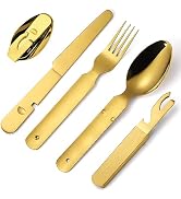 A · HOUSEWARE Gold Outdoor Military Flatware Set Compact Foldable Cutlery Utensil Kit for Camping...