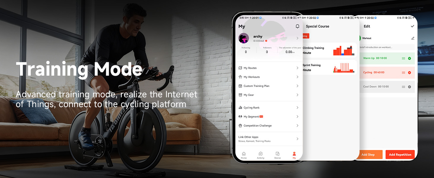 Text reads 'Training Mode'. Multiple smartphone interface screenshots showing fitness or training app screens with graphs, metrics, and workout data layouts.