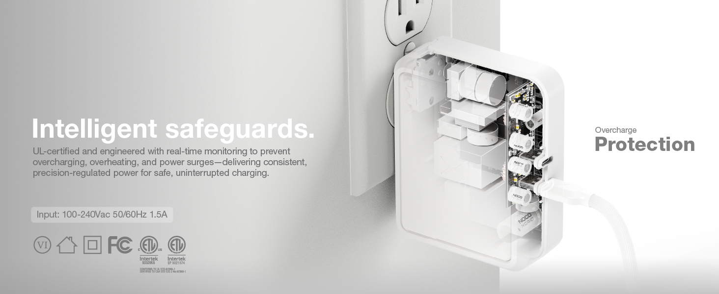 Equipped with intelligent safeguards to prevent overcharging, overheating, power surges - UL listed