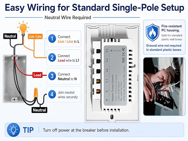 Matter Smart Touch Switch single-pole setup wiring diagram
