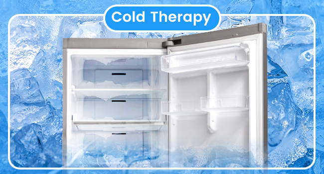 Inside view of a refrigerator with three clear drawers, showing 'Cold Therapy' feature with ice crystal background effects.
