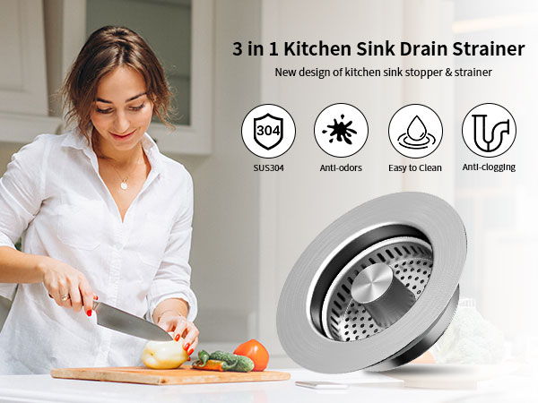 3 in 1 Kitchen Sink Drain Strainer Stopper Stainless Steel Drainage Odor Filter Sink Plug