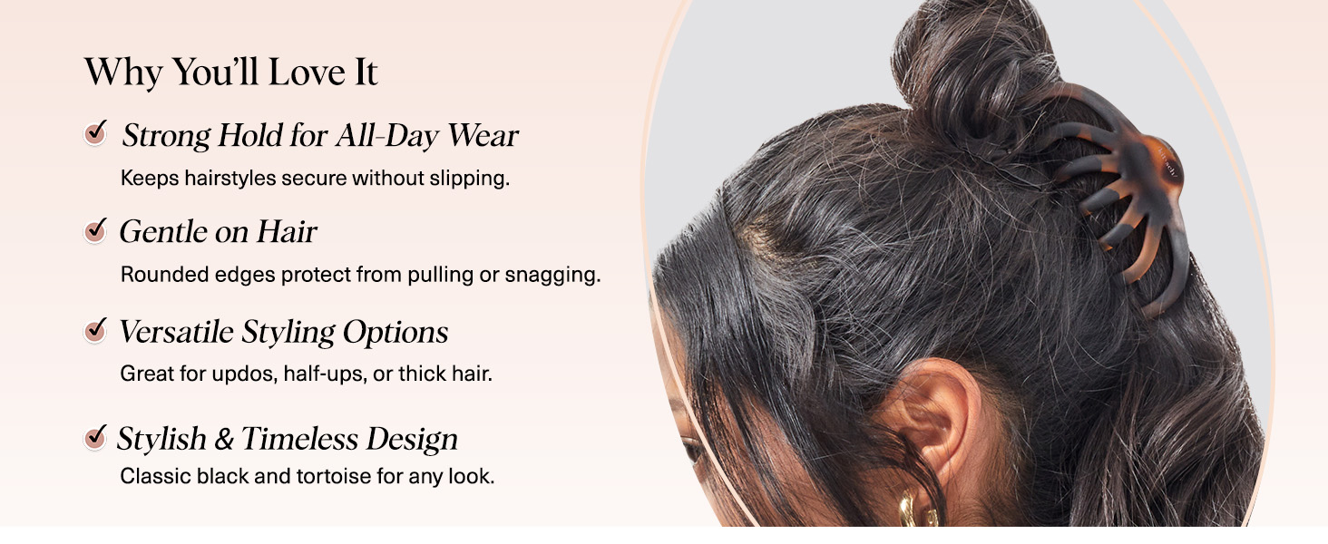 Text reads 'Why You'll Love It', 'Strong Hold For All Day Wear', 'Versatile Styling Options'. Marketing material showing product benefits and features.