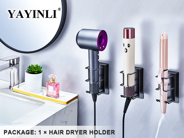 Text reads: 'YAYINLI', 'PACKAGE: 1 × HAIR DRYER HOLDER'. Wall-mounted hair dryer holders in different colors displayed in bathroom setting.