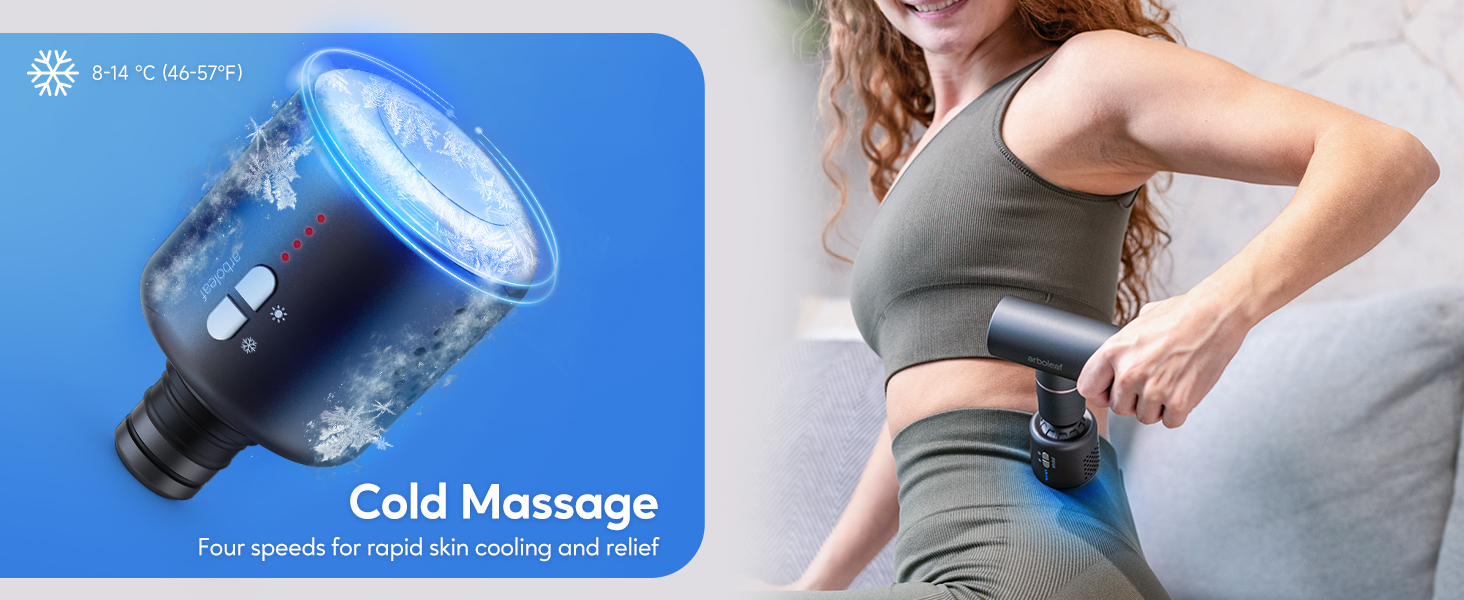 Cold massage head in use, with cooling range 8–14°C and icy visual effects