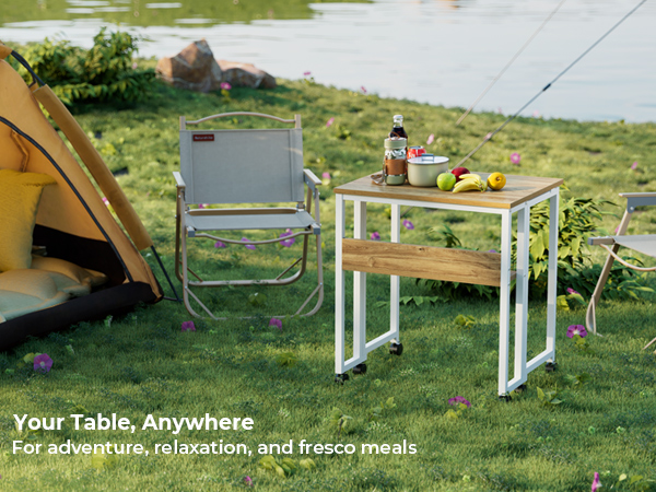 Text reads 'Your table, Anywhere'. Series of outdoor scenes showing portable white folding table being used in various grassy outdoor settings.