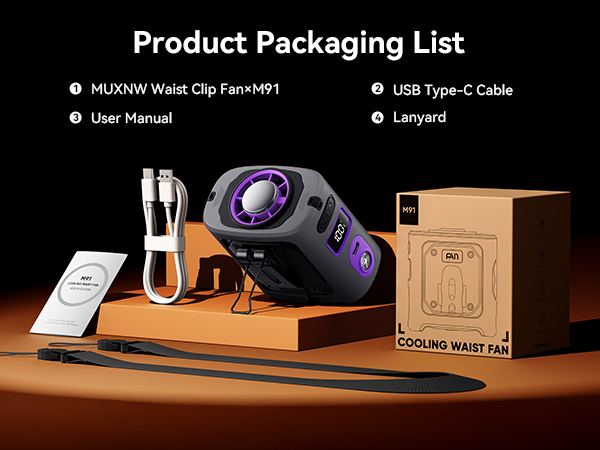 Product Packaging List: Waist Clip Fan, USB Type-C Cable, User Manual, Lanyard