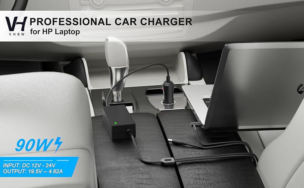 VHBW PROFESSIONAL CAR CHARGER for hp Laptop, its iNPUT is DC 12V-24V, OUTPUT is 19.5V 4.62A