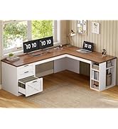 SEDETA Farmhouse 67" L Shaped Desk with 3 Drawers, White Corner Computer Desk with Storage Shelve...