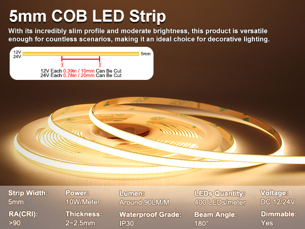 Text reads '5mm COB LED Strip' with technical specifications shown. Product demonstration of warm white LED strip lighting showing its flexibility and illumination patterns.