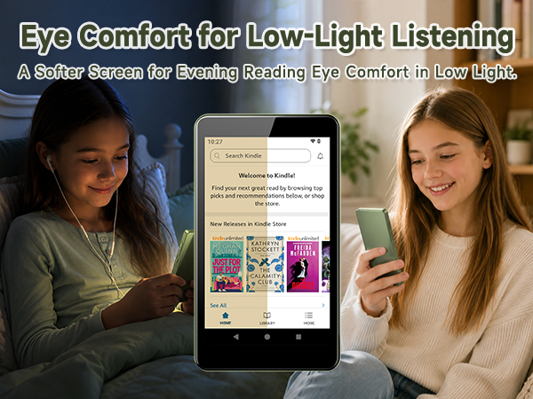 G4 with Kindle reading screen shown in dark and softly lit rooms for evening reading.