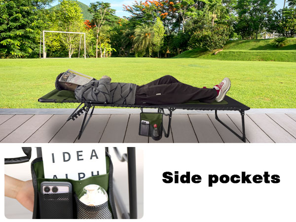 side pocket portable camping bed with a portable camping bed