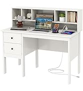 Tangkula White Desk with Drawers &amp; Hutch, Modern Home Office Desk Writing Study Desk with Chargin...