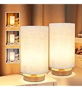3-Color Adjustable Bedside Table Lamp for Bedroom Set of 2,Minimalist Wood Base&amp;Round Fabric Shad...