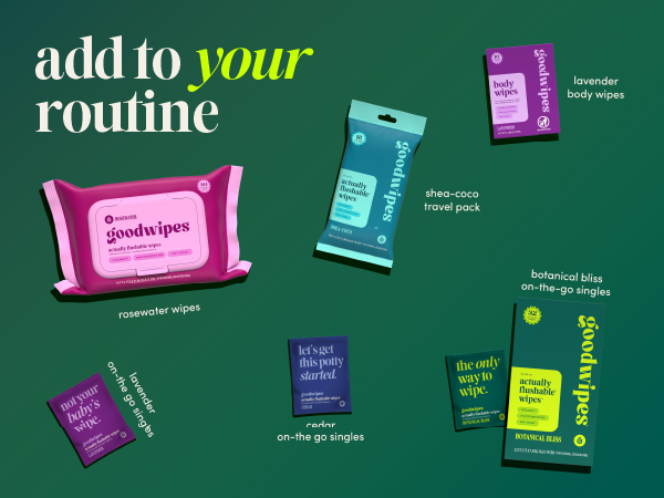 goodwipes flushable wipes, individually wrapped wipes, travel wipes pack, body wipes