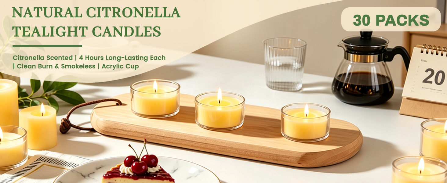 Citronella Tealight Candles, 30 Packs, 4 Hours Burn Time Each, Smokeless Clean Burn in Acrylic Cups