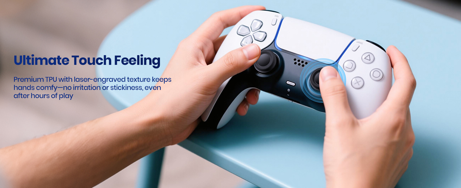 Text reads 'Ultimate Touch Feeling'. Close-up of hands holding white gaming controller against dark background.