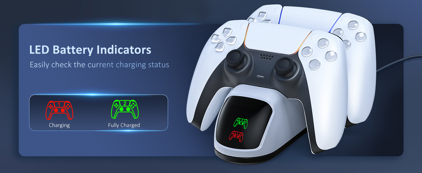 A dock displays two controllers, with red lights for charging and green for fully charged.
