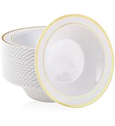 JOLLY PARTY 50PCS Plastic Bowls with Gold Rim-12oz disposable Soup Bowls, Premium Dessert Salad B...