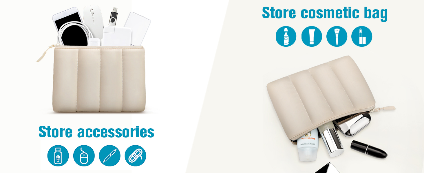 Beige sectioned cosmetic storage bags shown open with compartments for makeup and accessories, with organizational icons displayed.