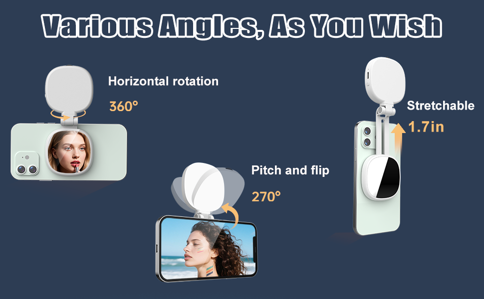 Supports 360°horizontal rotation, 270°vertical tilt and 1.7in stretch, ensures full illumination.