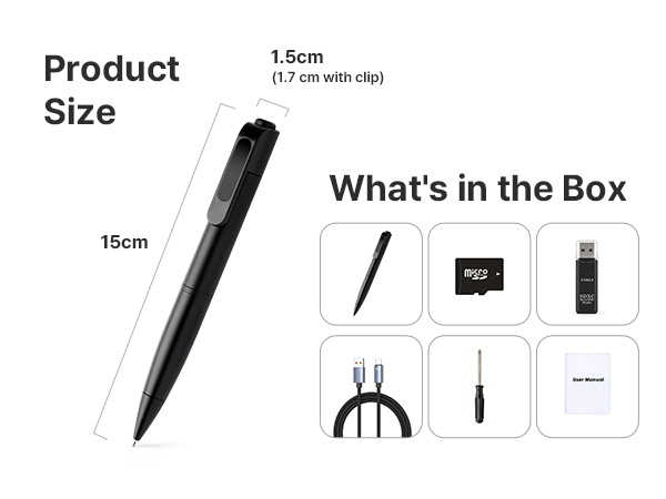 Damoa pen camera size 15cm and box contents including SD card, reader, USB cable, and manual