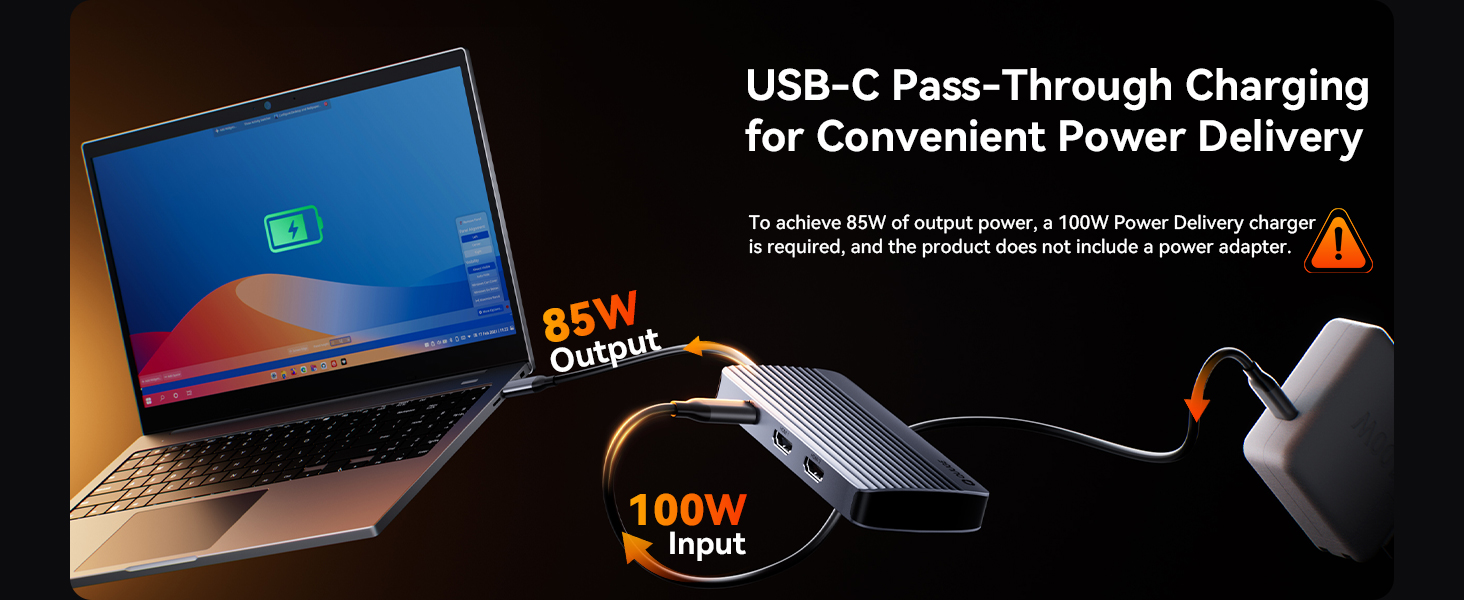 Text reads 'USB-C Pass-Through Charging for Convenient Power Delivery'. Multi-panel product showcase featuring laptop and charging technology demonstration.