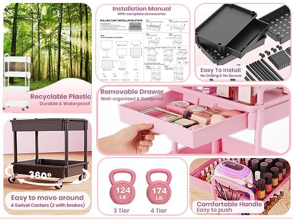 Goovilla rolling makeup cart,eco-friendly materials,360° swivel casters and easy installation