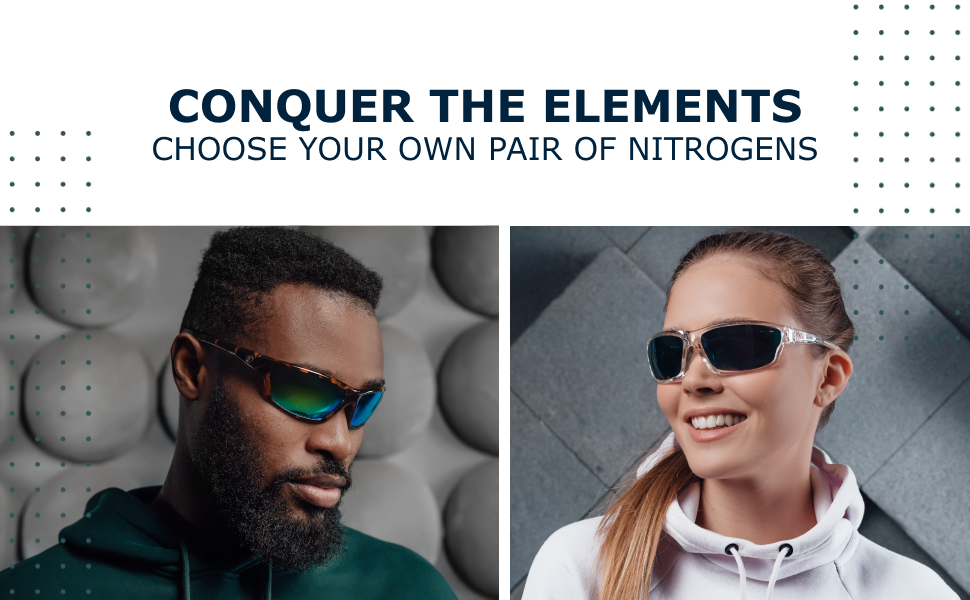 man and woman wearing sport sunglasses and posing for the camera