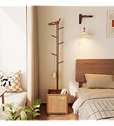 AQIMUELE Cute Wood Coat Rack,Coat Rack Freestanding with 5 Hooks,Coat Tree with Storage Basket fo...