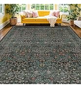 Vintage Dark Green Living Room Rug, 8x10 Washable Area Rugs for Dining Room Under Kitchen Table, ...