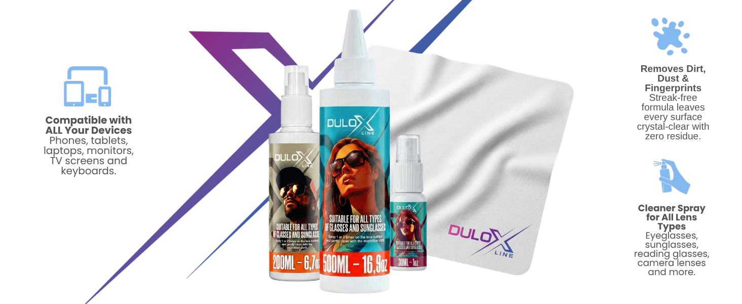 DULOX LINE cleaner spray kit for lenses, screens and devices, streak-free microfiber cloth