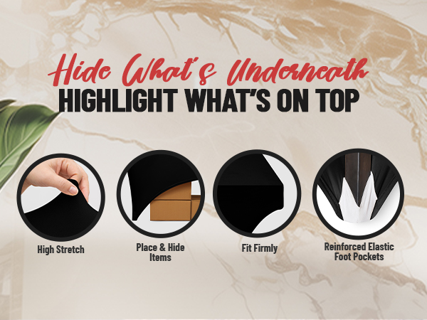 Text reads 'Hide What's Underneath', 'HIGHLIGHT WHAT'S ON TOP'. Four circular detail photos labeled 'High Stretch', 'Face &amp; Neckline Details', 'Fit Firmly', 'Reinforced Cuff Pockets' showing garment construction and fabric features.