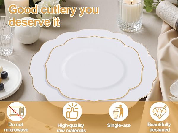 White and Gold Plastic Dinnerware Set