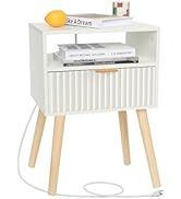 Fultyle White Nightstand with Charging Station, Modern Bedside Table with Drawer and Solid Wood L...