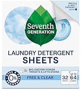 Seventh Generation Laundry Detergent Sheets, Up to 64 Loads, Free &amp; Clear, Made for Sensitive Ski...