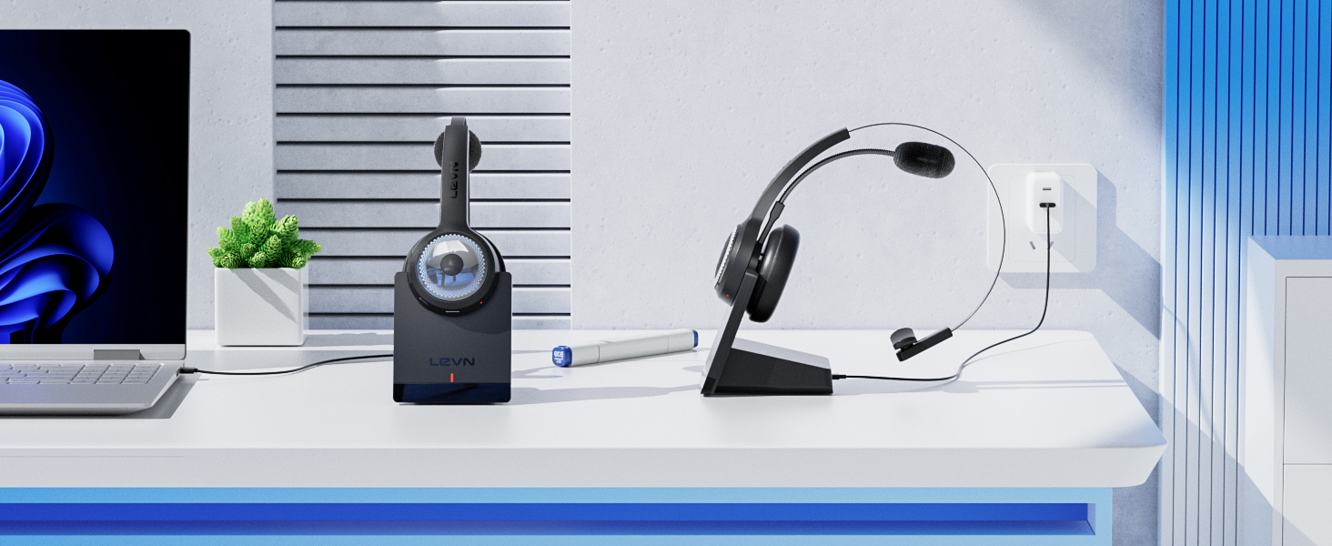 Place your levn wireless headset on the charging base and enjoy hassle-free charging
