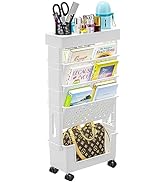 5 Tier Book Rack Storage Bookshelf, Mobile Bookshelf with Wheels, Movable Unique Bookcase Small R...