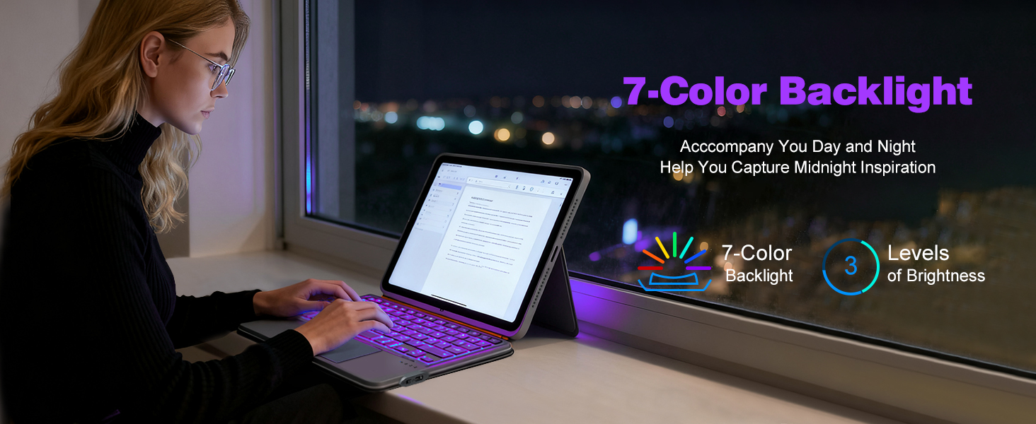 Text reads '7-Color Backlight'. Laptop keyboard with RGB backlight illumination shown in dark environment, demonstrating various color options and lighting effects.
